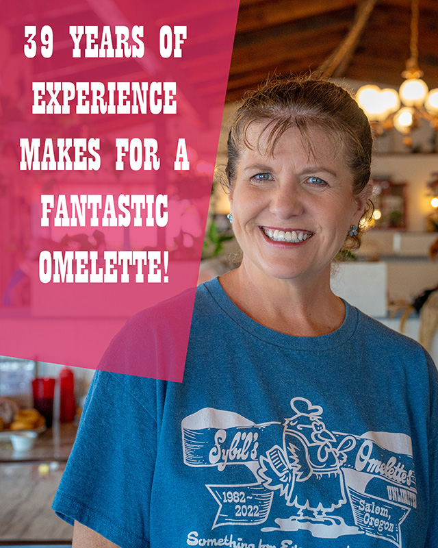 Server Lorri with the text "29 years of experience makes for a fantastic omelette!"